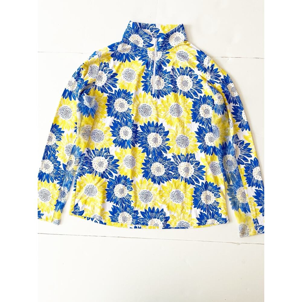 IBKuhl Polo Shirt Women L Blue Yellow Sunflower Stretch UPF 50+ Golf Tennis